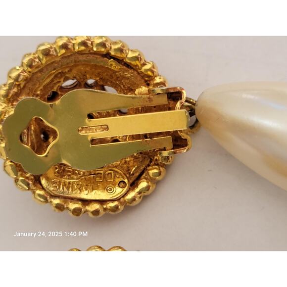 Pearl Diamond Gold Earrings Vintage Signed Designer Maxine Denker Clip-On - Picture 9 of 9